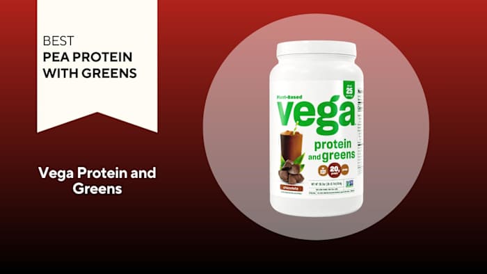 A white container with green writing against a red background of veg protein and greens, our pick for the best pea protein with greens